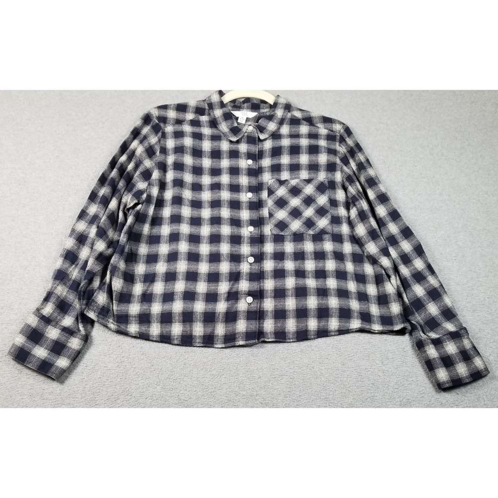 Time and Tru Button Up Shirt Women's Medium M Blue White Plaid Flannel Crop Fall